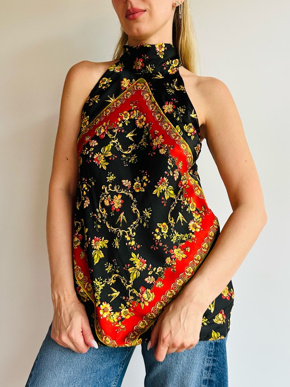 Zara Floral Scarf Print Halter Boho Top Black Red Sleeveless Blouse